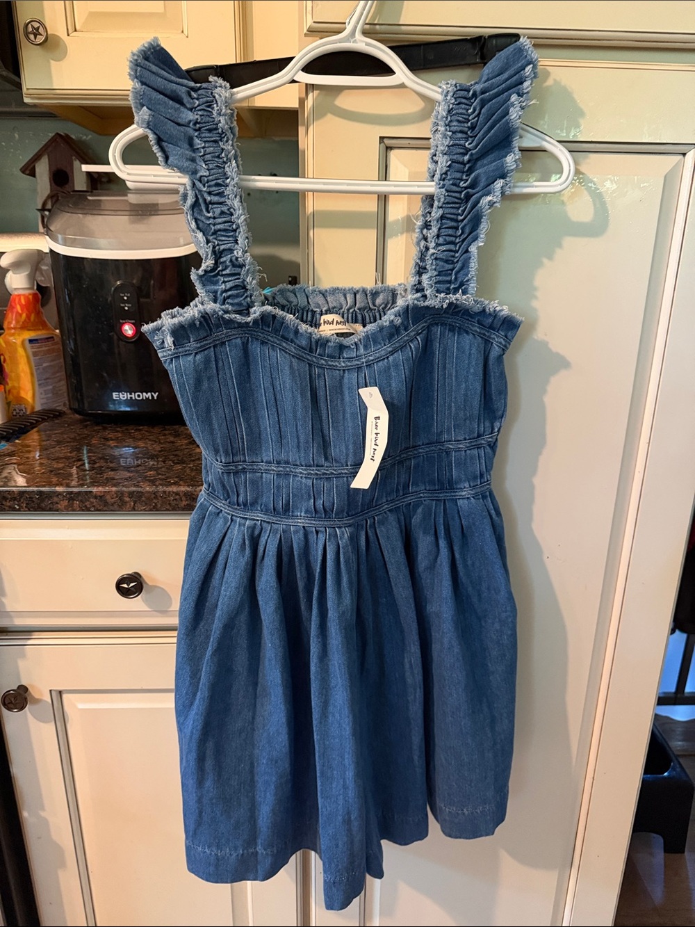 Three Bird Nest Ruffled Strap Denim Mini Dress - Blue